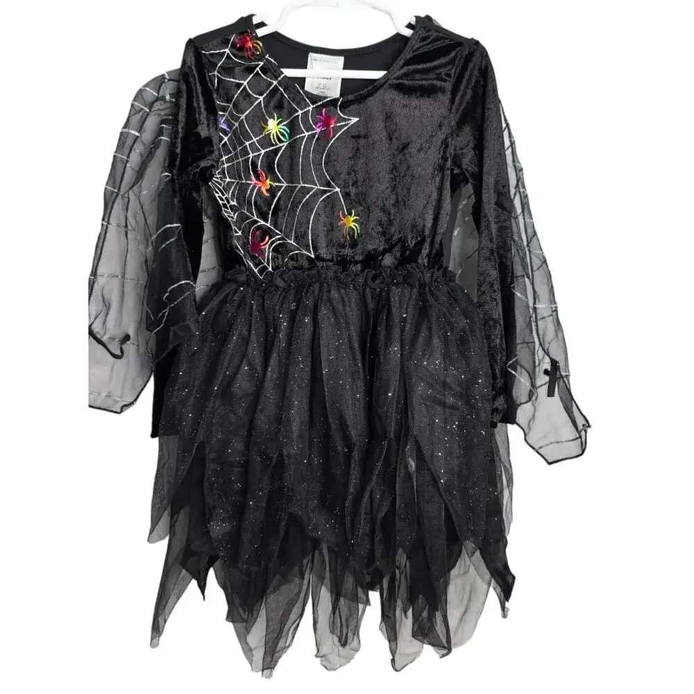 Halloween Black Spider Web Witch Costume Dress  Kids Toddlers Size 4-6 Spooky